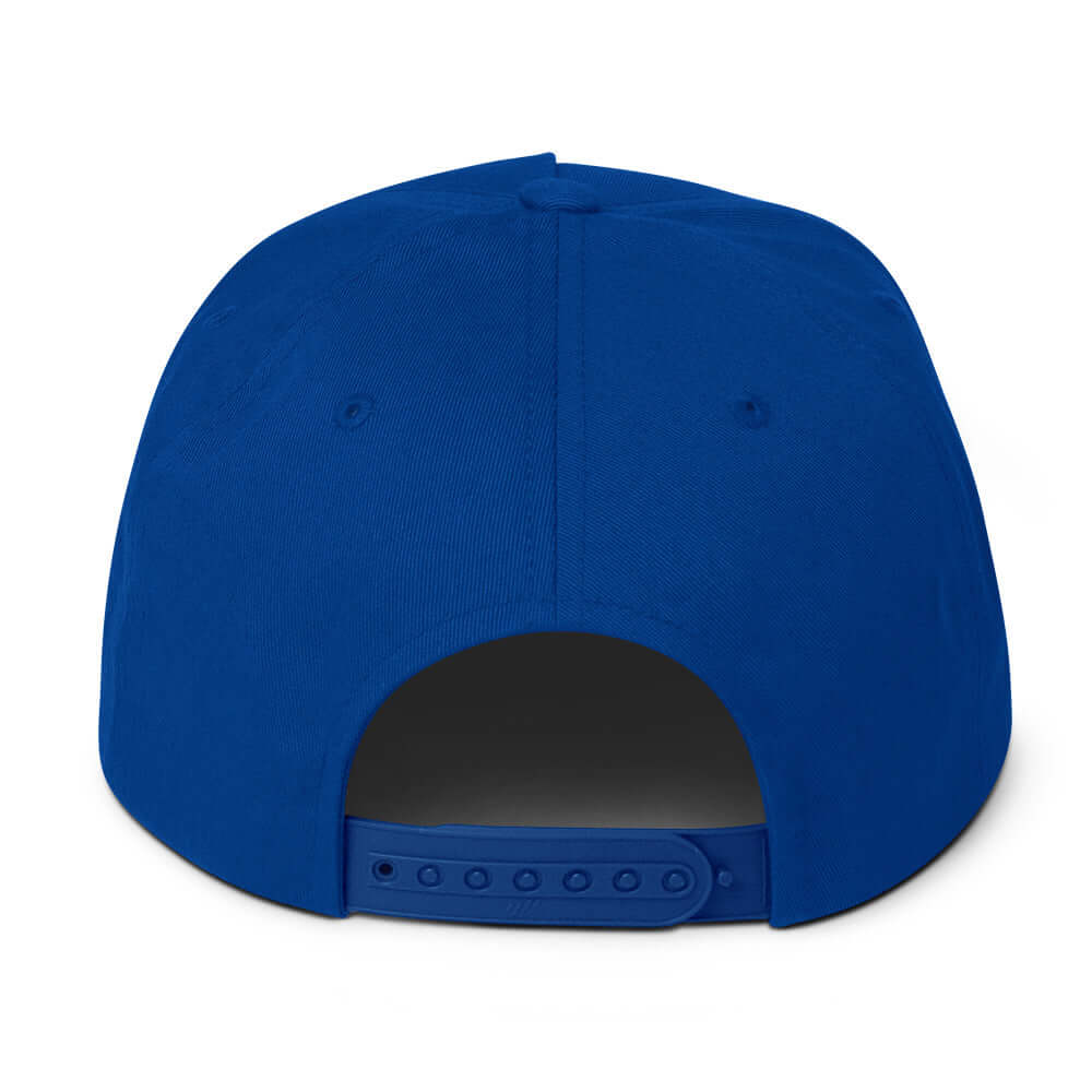 Royal blue flat bill snapback hat with white "JUST A BABY" embroidery and green undervisor.