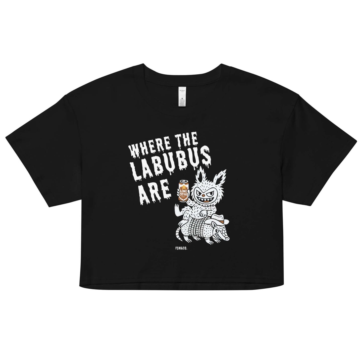 Frankie Said Meow “Where the Labubus Are – Austin, Texas Edition” black crop top with vintage tattoo-inspired Labubu riding an armadillo holding a Lone Star beer.