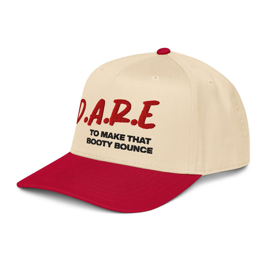 Cream and red 5-panel hat embroidered with slogan D.A.R.E. to Make That Booty Bounce
