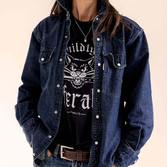 Person wearing a black t-shirt with 'mildly feral' screen print design by Frankie Said Meow and Cracked ego.