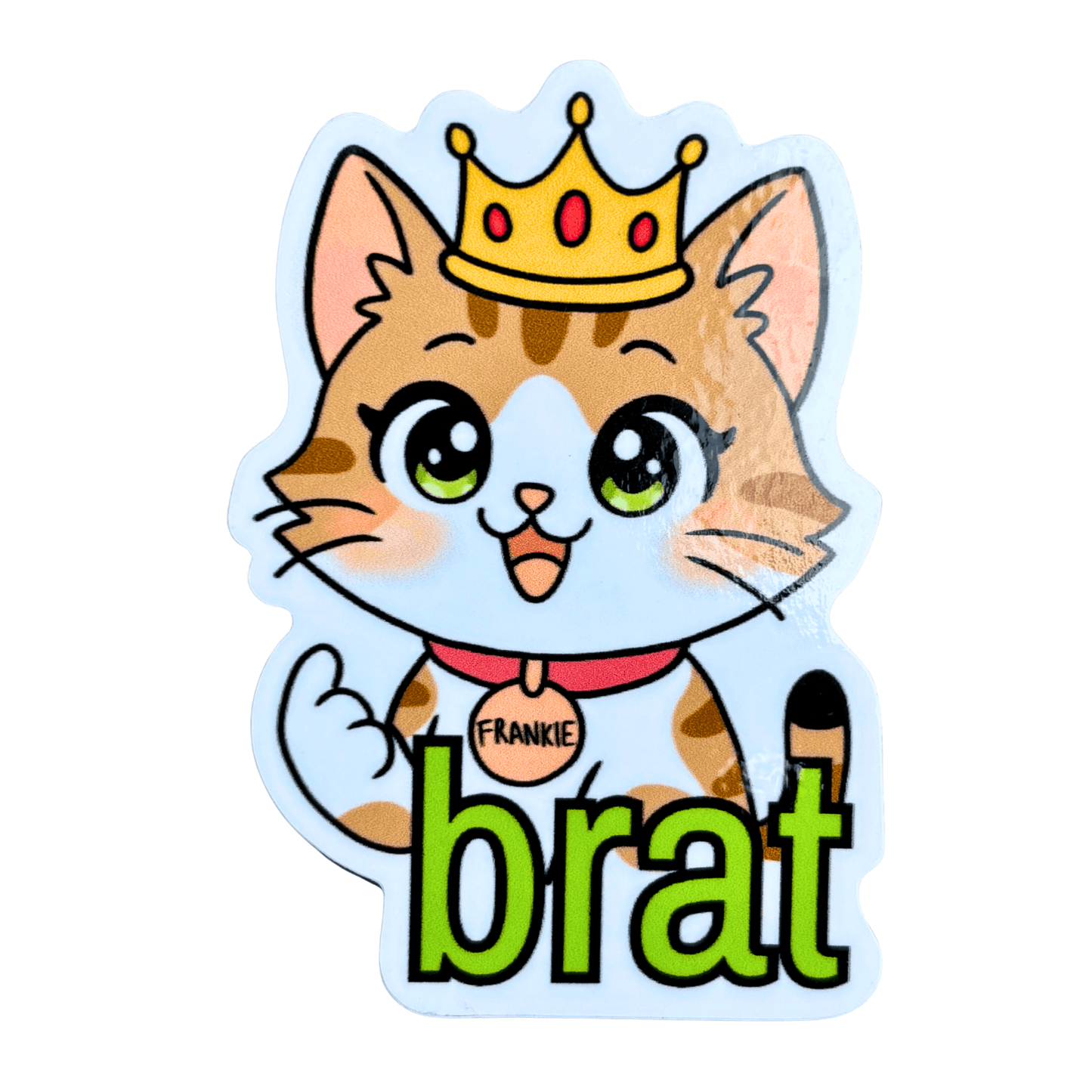 Cartoon cat with a crown and 'brat' text on a white background