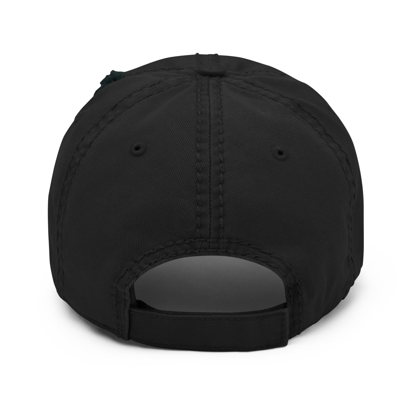 Distressed dad hat in black with white embroidered text reading “this hat is haunted.”