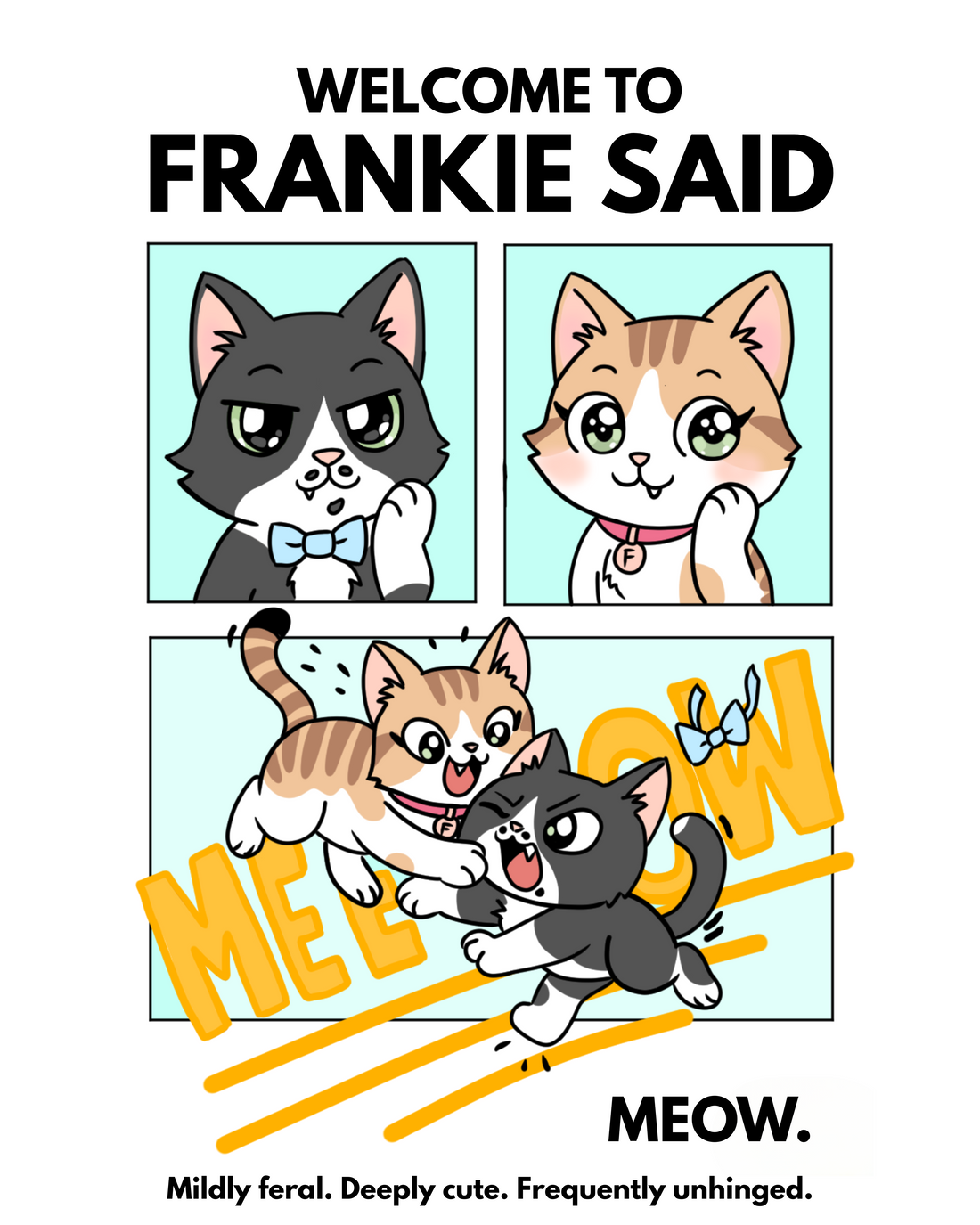 Cute cat comic says "welcome to Frankie said meow"
