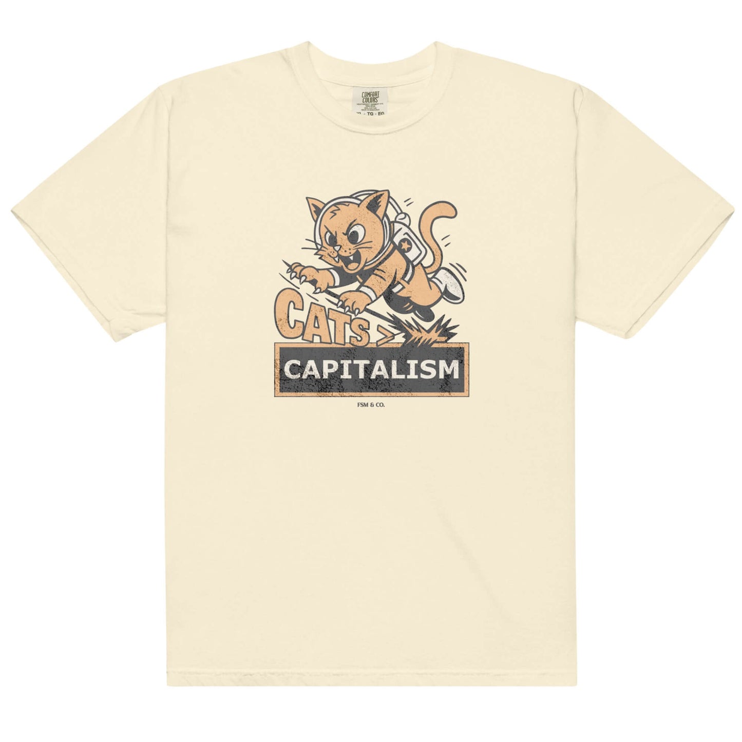 Comfort Colors ivory tee with space cat graphic and “Cats > Capitalism” text.