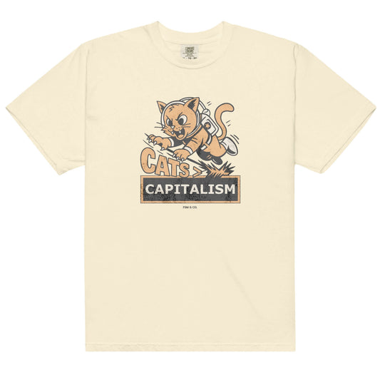 Comfort Colors ivory tee with space cat graphic and “Cats > Capitalism” text.