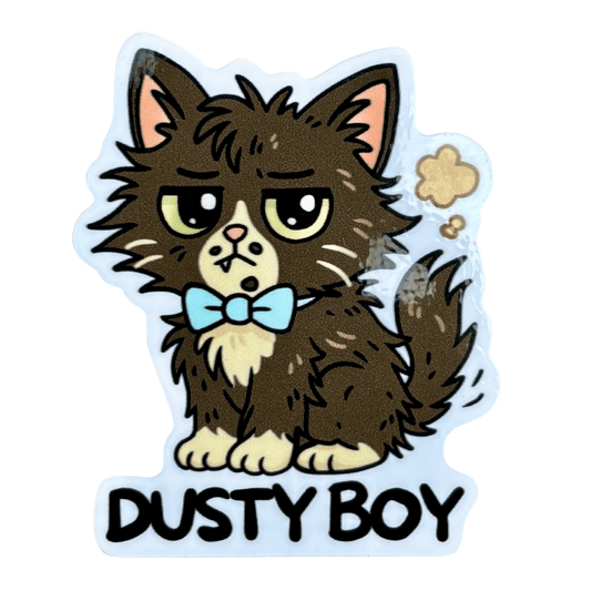 Sticker of a cartoon cat named 'Dusty Boy' with a blue bow tie on a white background.