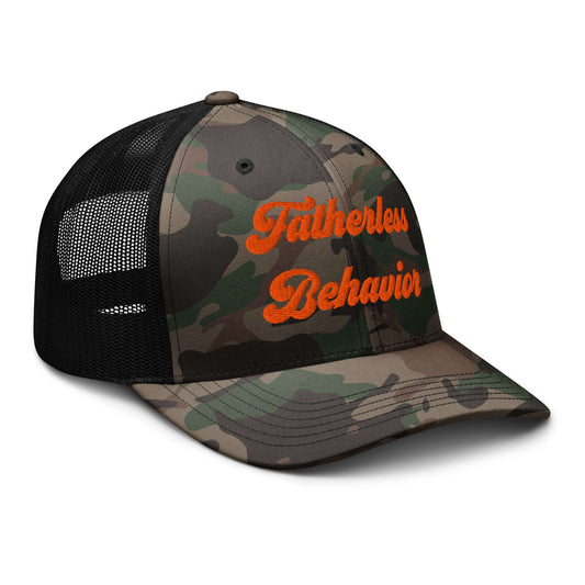 Frankie Said Meow camo trucker hat with “Fatherless Behavior” embroidered in orange