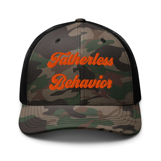 Frankie Said Meow camo trucker hat with “Fatherless Behavior” embroidered in orange