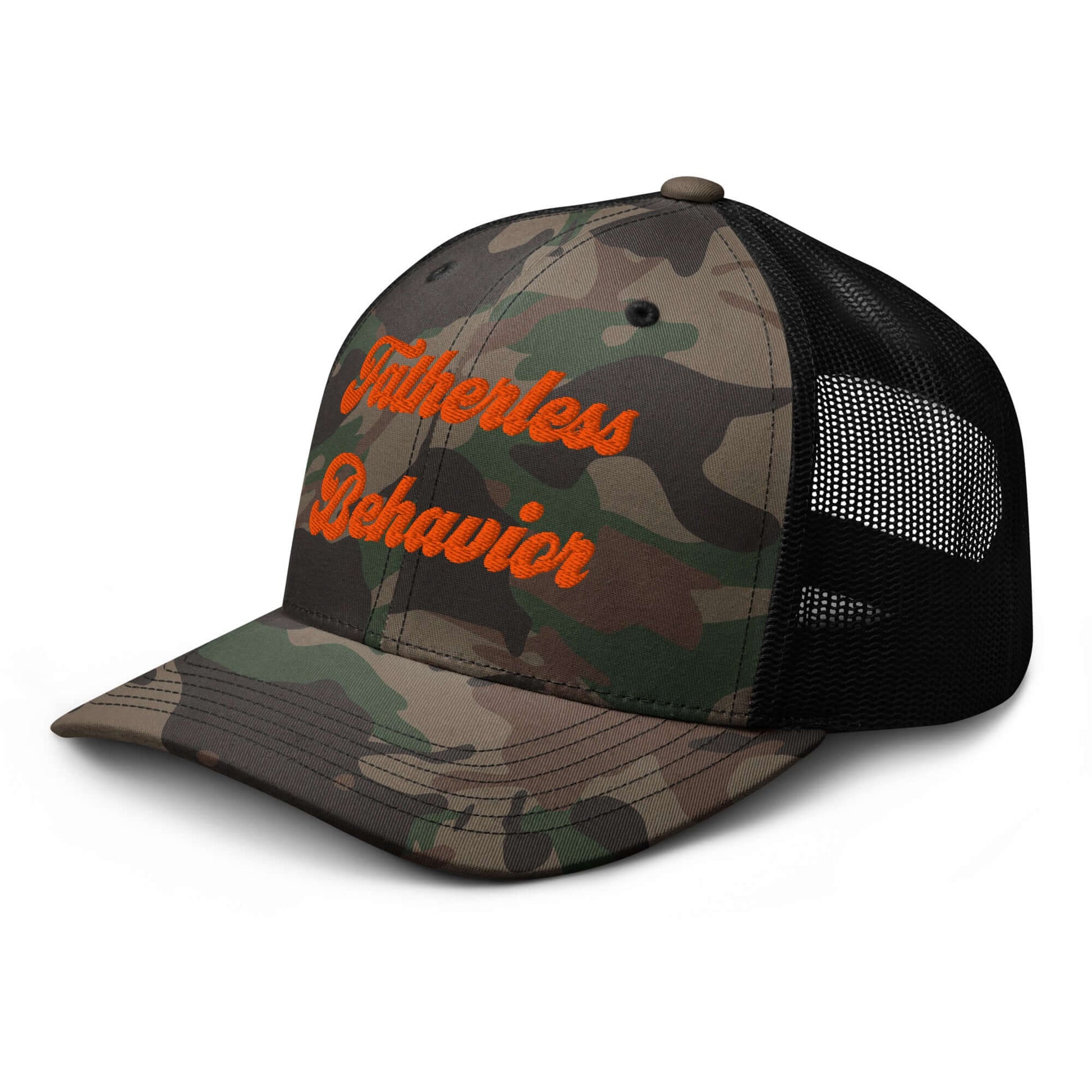Frankie Said Meow camo trucker hat with “Fatherless Behavior” embroidered in orange