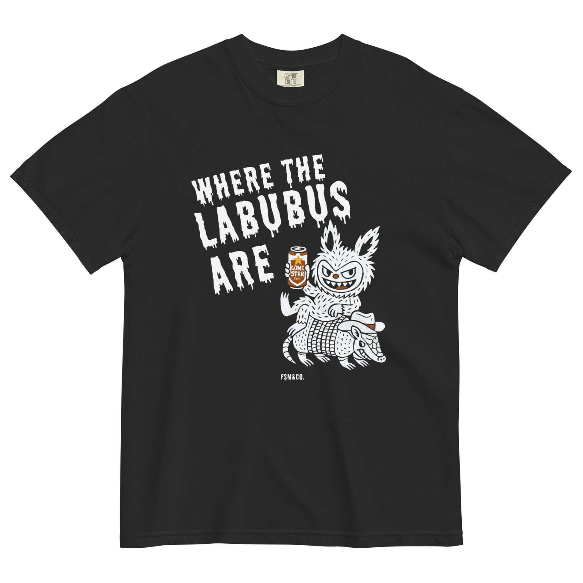 Frankie Said Meow “Where the Labubus Are – Texas Edition” black Comfort Colors tee with vintage tattoo-inspired Labubu riding an armadillo holding a Lone Star beer.