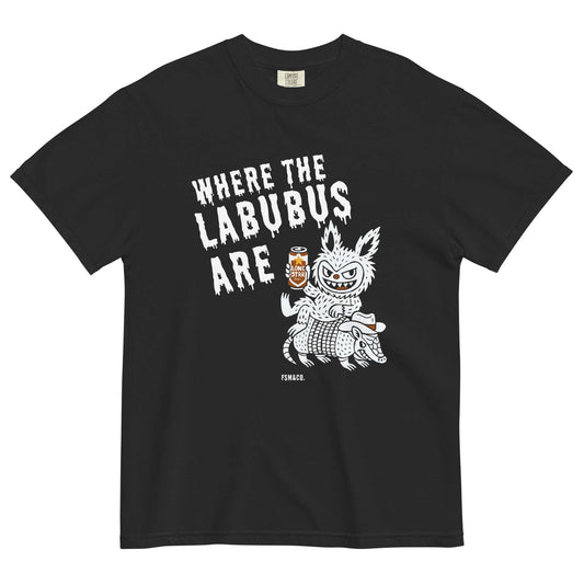 Frankie Said Meow “Where the Labubus Are – Texas Edition” black Comfort Colors tee with vintage tattoo-inspired Labubu riding an armadillo holding a Lone Star beer.