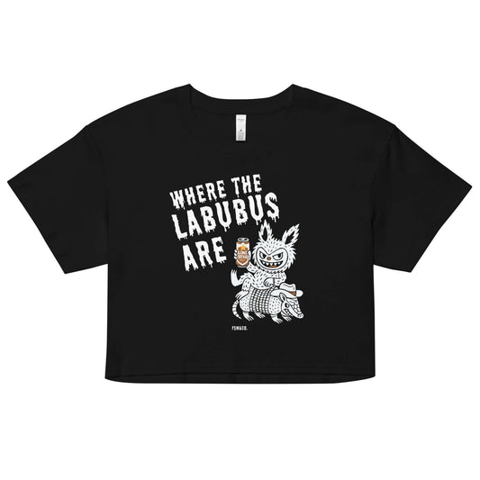 Frankie Said Meow “Where the Labubus Are – Austin, Texas Edition” black crop top with vintage tattoo-inspired Labubu riding an armadillo holding a Lone Star beer.