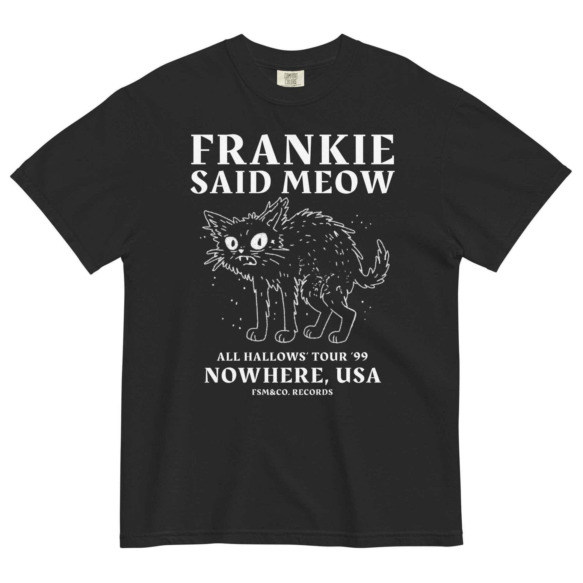Frankie Said Meow Halloween Tour ’99 band tee with distressed spooky cat graphic.
