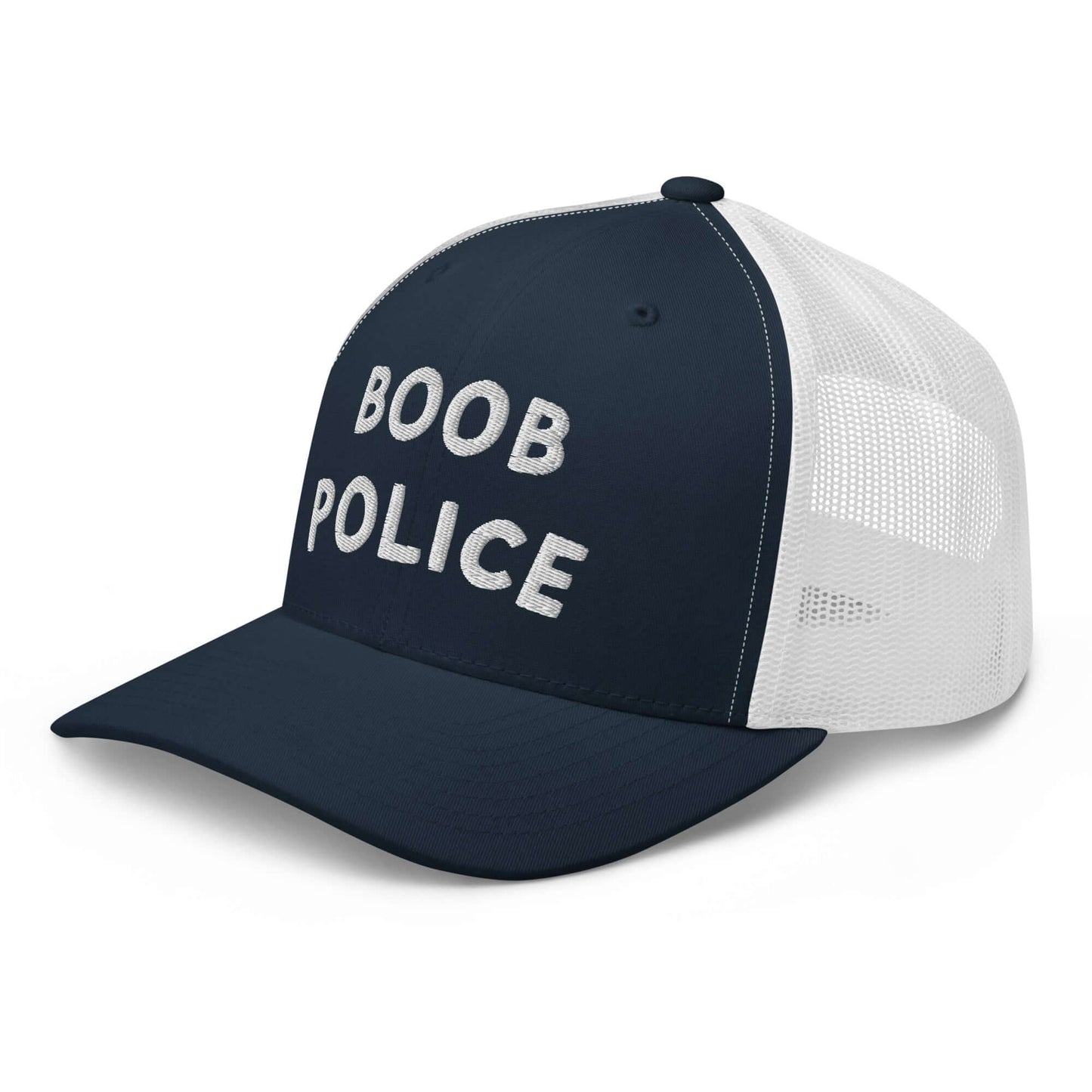 White and blue retro trucker hat with bold ‘Boob Police’ text in Frankie Said Meow style. Seen in Bob's Burgers on Linda Belcher