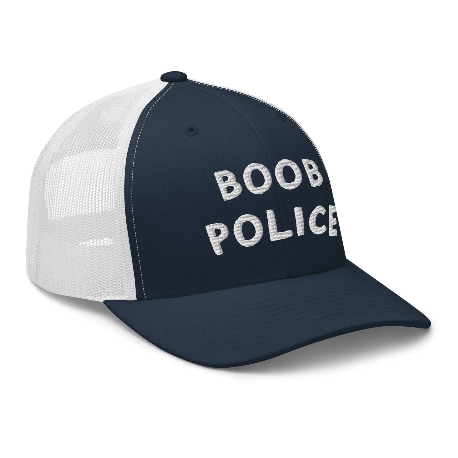 White and blue retro trucker hat with bold ‘Boob Police’ text in Frankie Said Meow style. Seen in Bob's Burgers on Linda Belcher