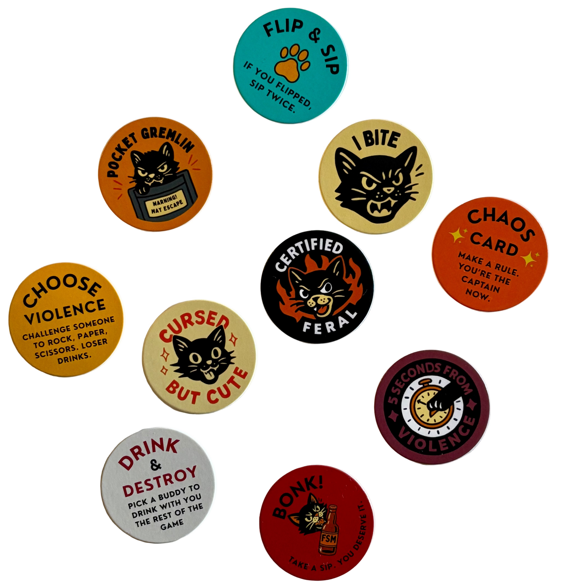 Frankie Said Meow Drinking Pogs and milk caps