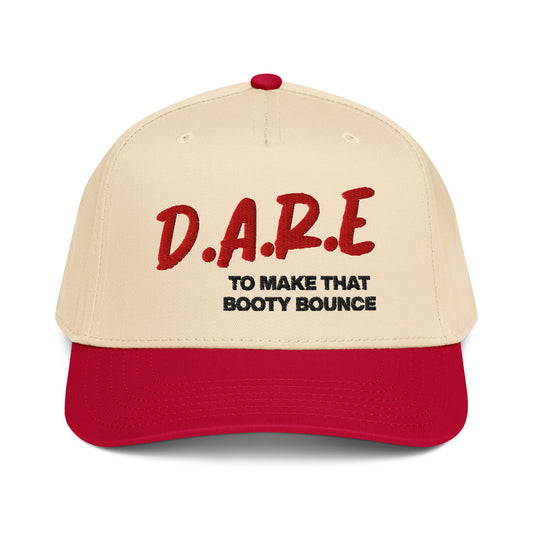 Cream and red 5-panel hat embroidered with slogan D.A.R.E. to Make That Booty Bounce
