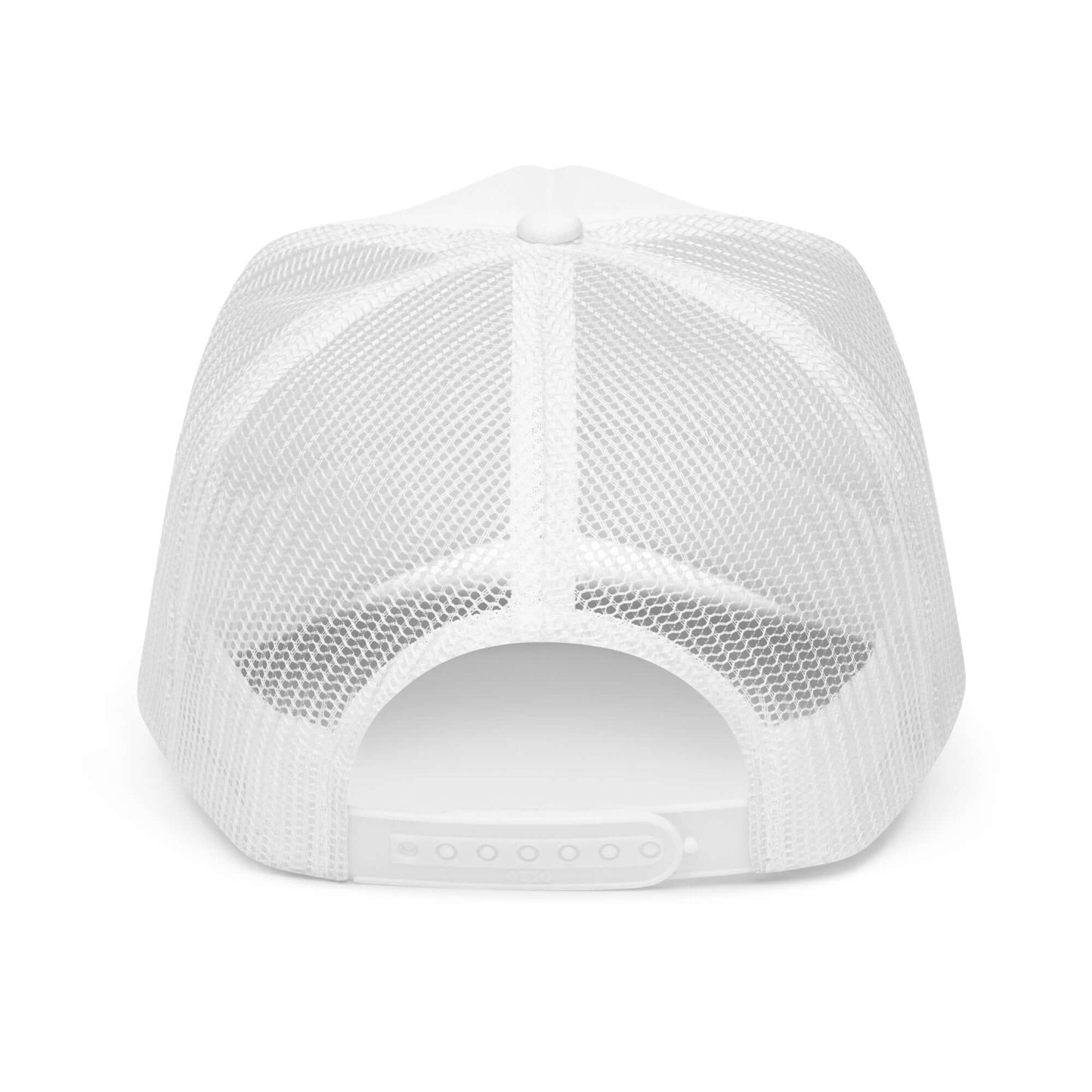 White foam trucker hat with bold pink retro text reading “Daddy Land” with cherries graphic.