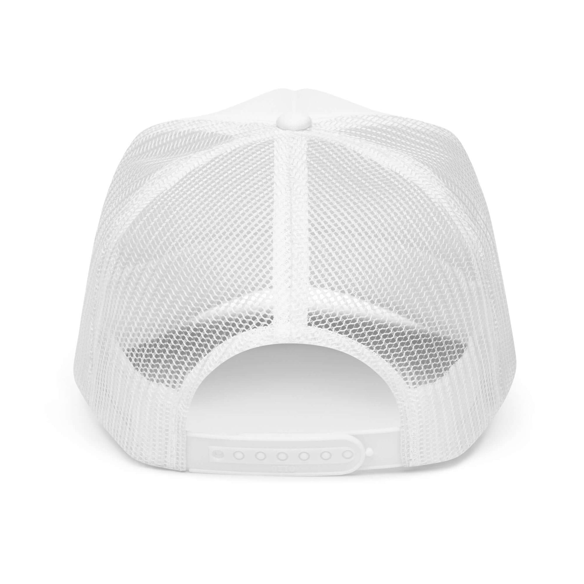 White foam trucker hat with bold pink retro text reading “Daddy Land” with cherries graphic.