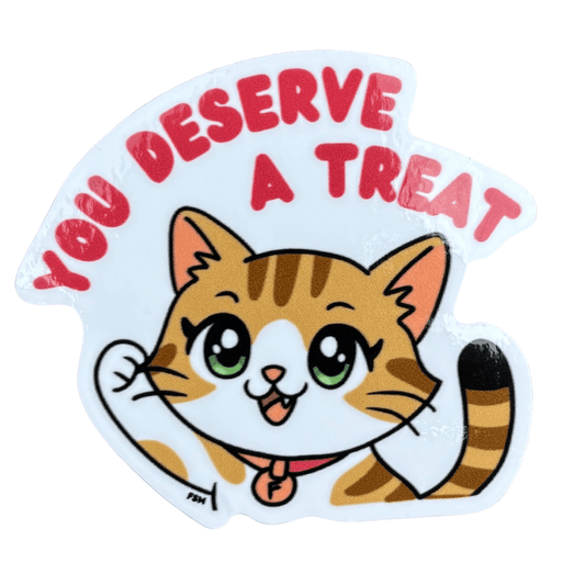 Sticker with a cat illustration and text 'You Deserve a Treat' on a white background