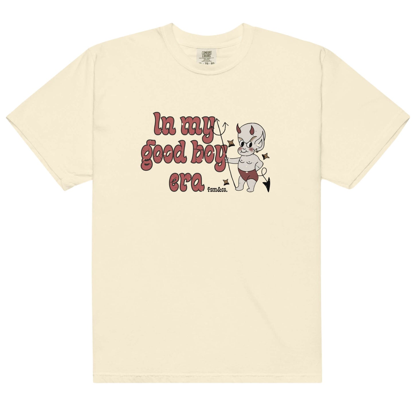 Vintage tattoo-style devil cherub graphic on In My Good Boy Era tee by Frankie Said Meow