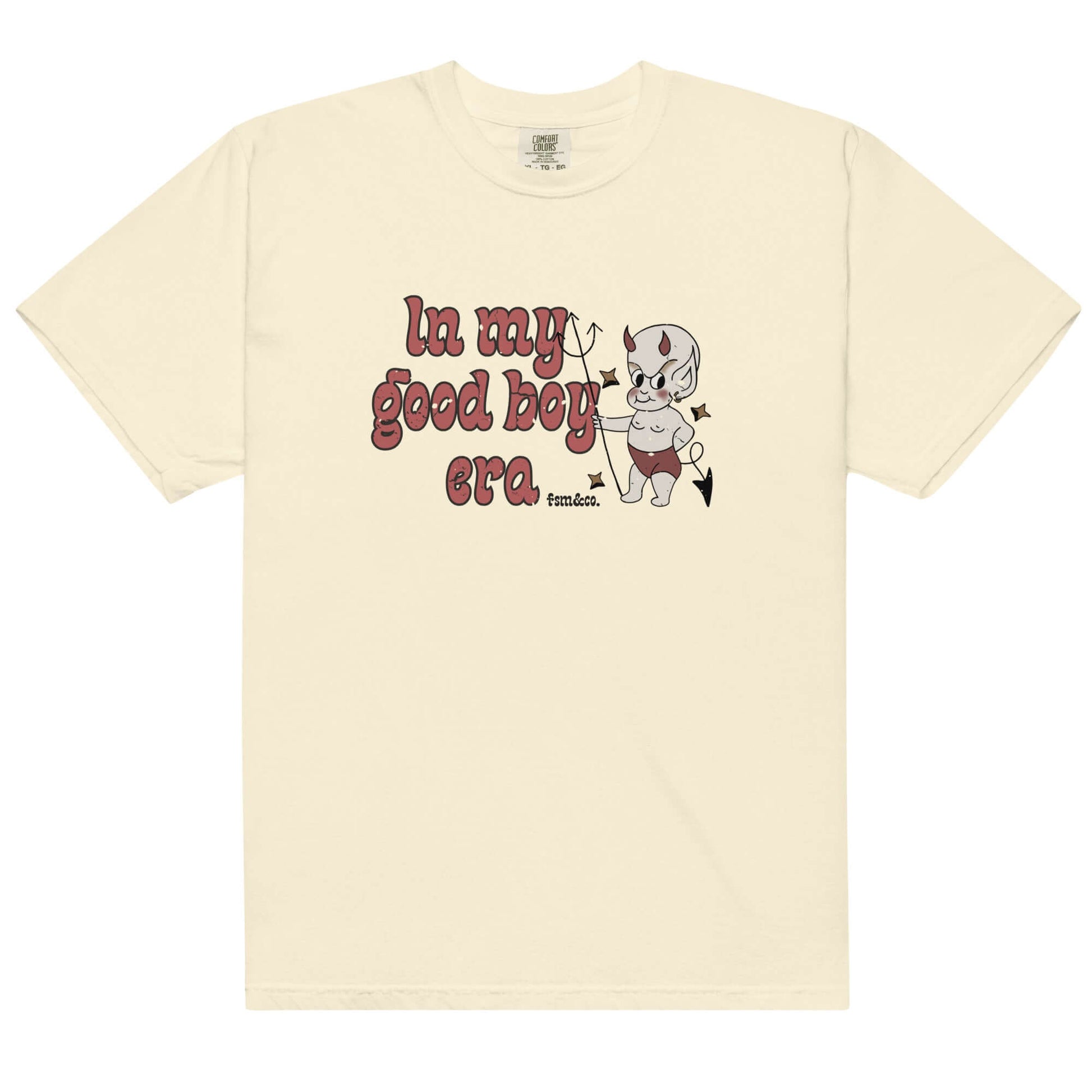 Vintage tattoo-style devil cherub graphic on In My Good Boy Era tee by Frankie Said Meow