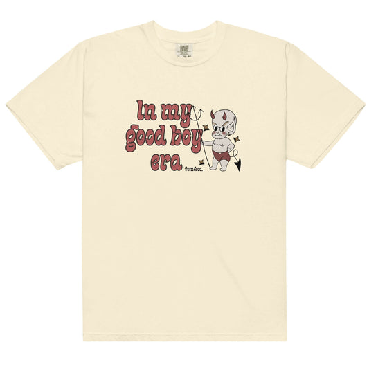 Vintage tattoo-style devil cherub graphic on In My Good Boy Era tee by Frankie Said Meow