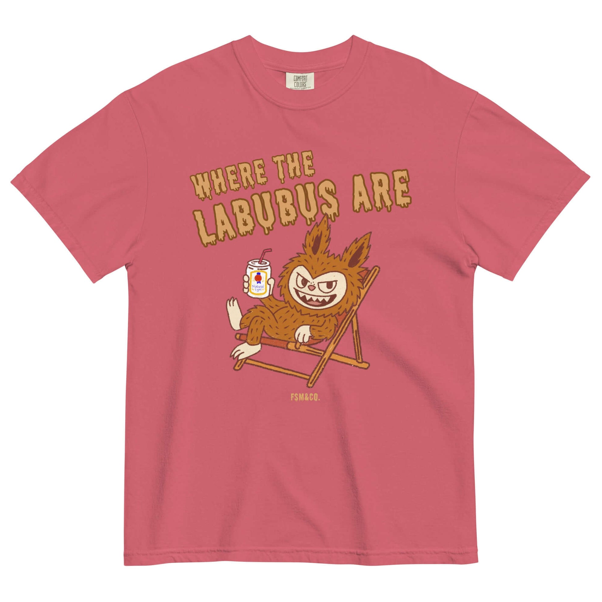 Labubu lounging in a beach chair holding a Natty Light on the “Where the Labubus Are” tee. Frankie Said Meow