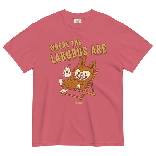 Labubu lounging in a beach chair holding a Natty Light on the “Where the Labubus Are” tee. Frankie Said Meow
