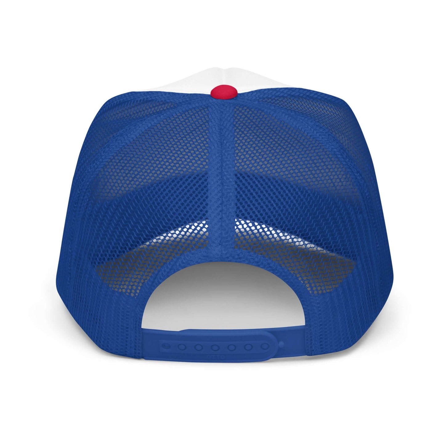 Red, white, and blue trucker hat embroidered with the phrase Martians Just Blew Up the Donut Shop from Mars Attacks