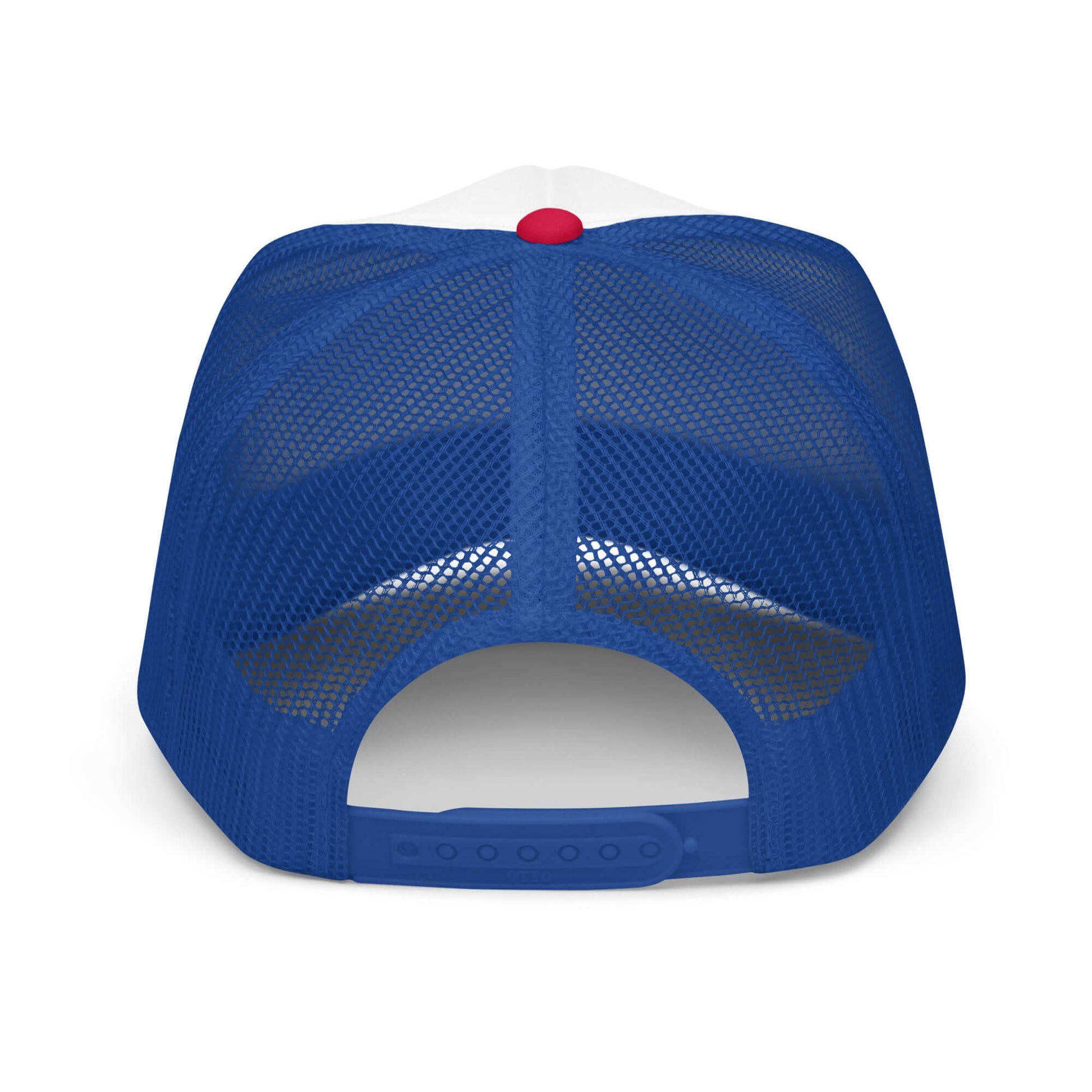 Red, white, and blue trucker hat embroidered with the phrase Martians Just Blew Up the Donut Shop from Mars Attacks
