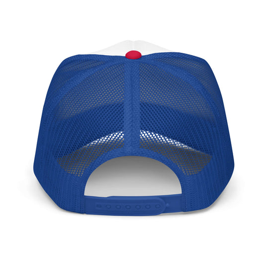 Red, white, and blue trucker hat embroidered with the phrase Martians Just Blew Up the Donut Shop from Mars Attacks