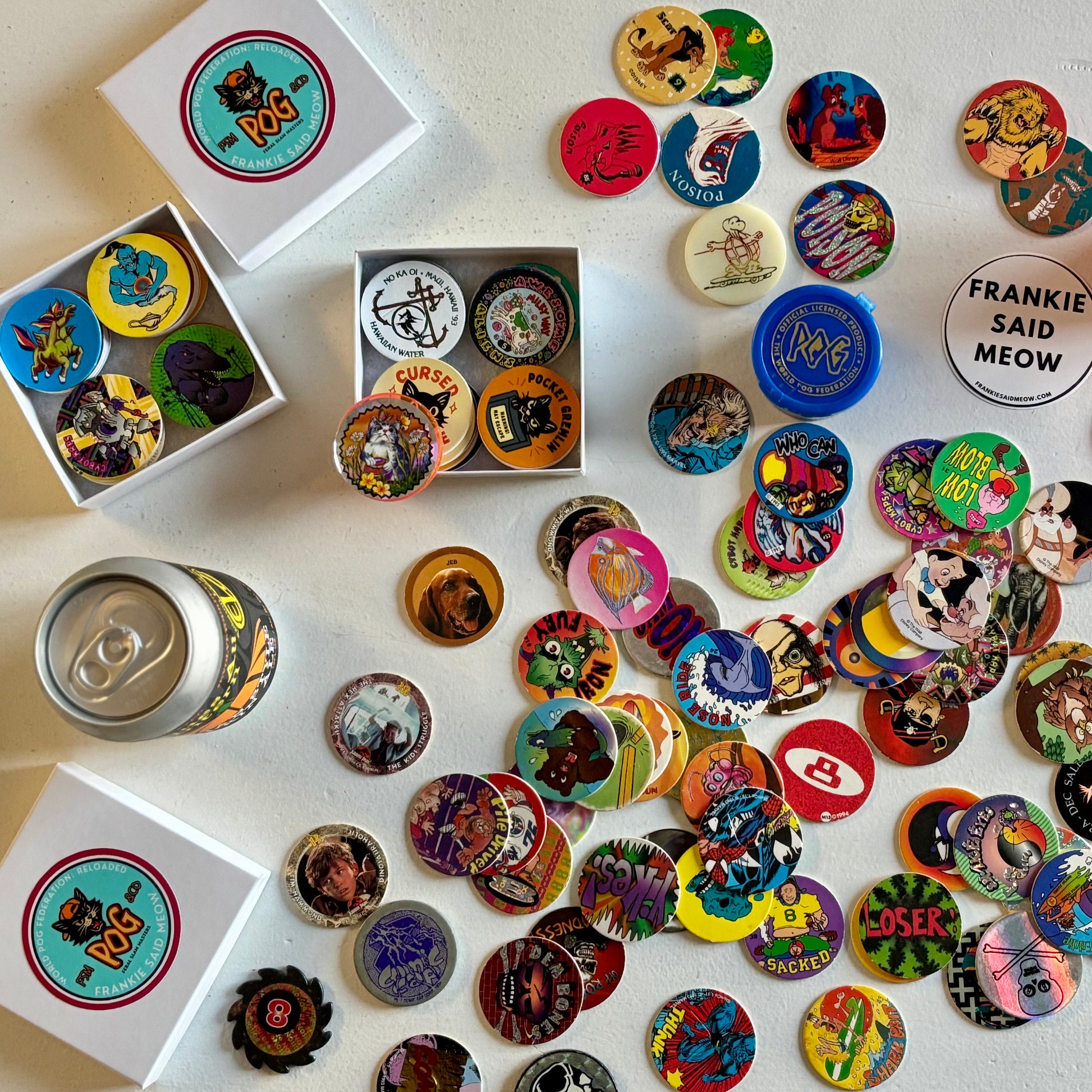 Frankie Said Meow Milk Caps and Vintage 90's pog stacks and boxes