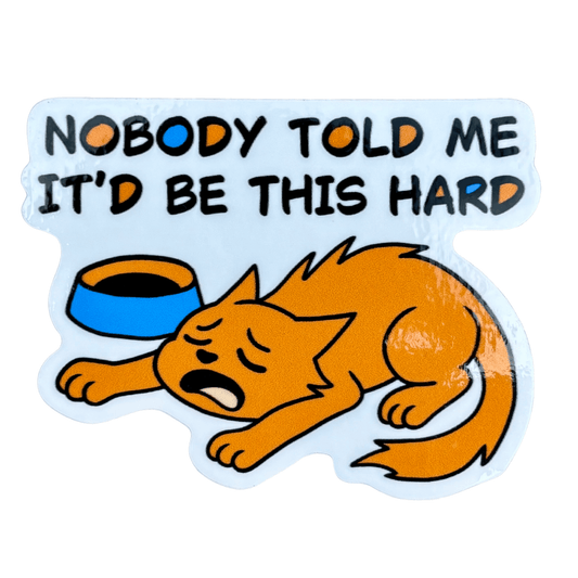 Cartoon orange cat with text "nobody told me it'd be this hard"