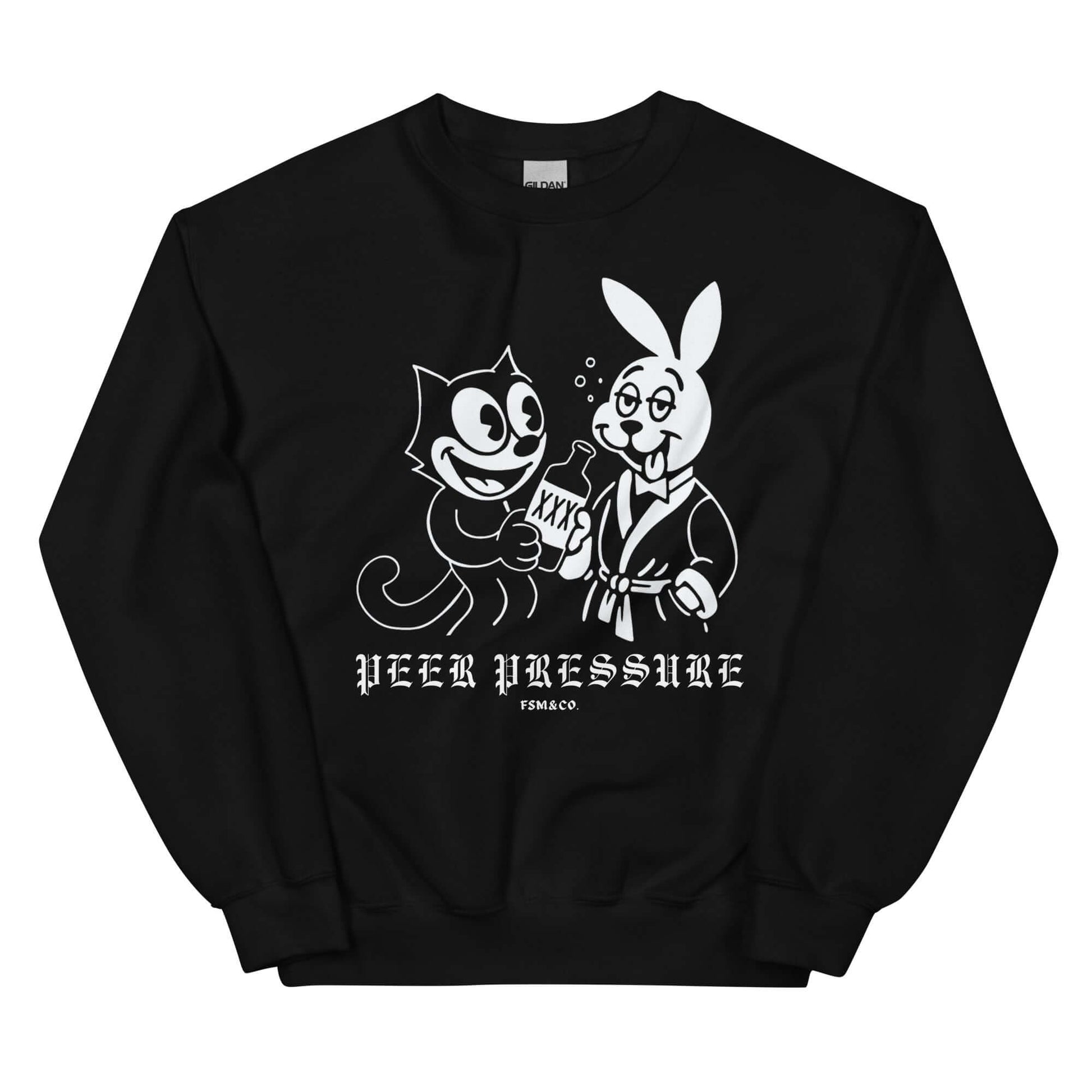 White vintage-style illustration of Felix the cat and a drunk Playboy bunny sharing a liquor bottle, above gothic text reading ‘Peer Pressure FSM & Co.’ printed on black crewneck sweatshirt.