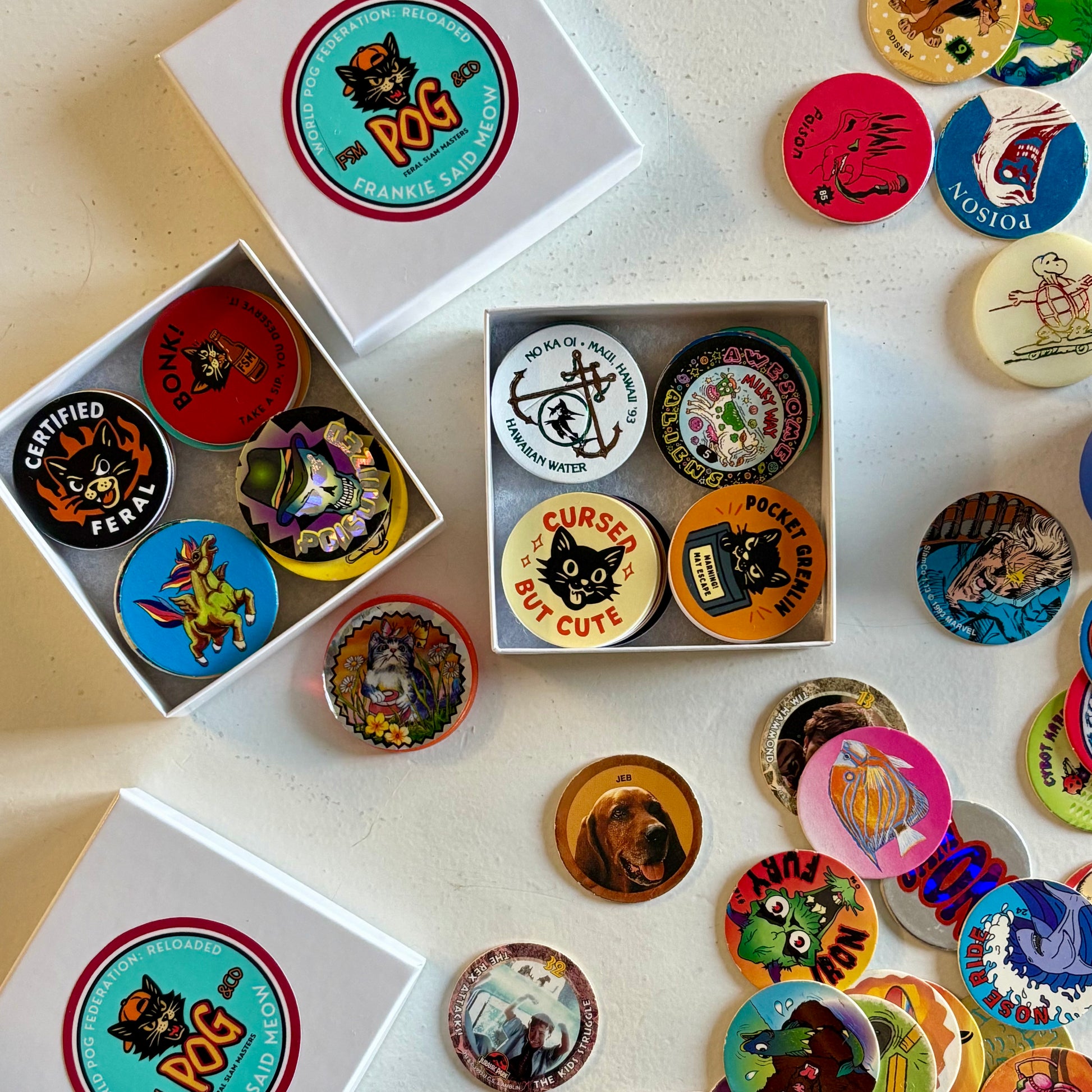 Frankie Said Meow Milk Caps and Vintage 90's pog stacks and boxes