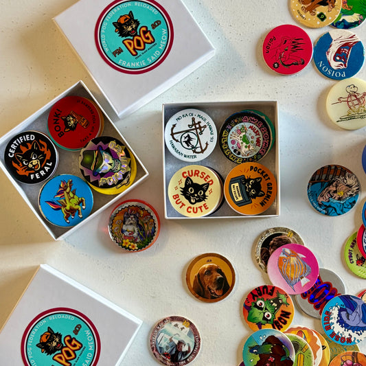 Frankie Said Meow Milk Caps and Vintage 90's pog stacks and boxes