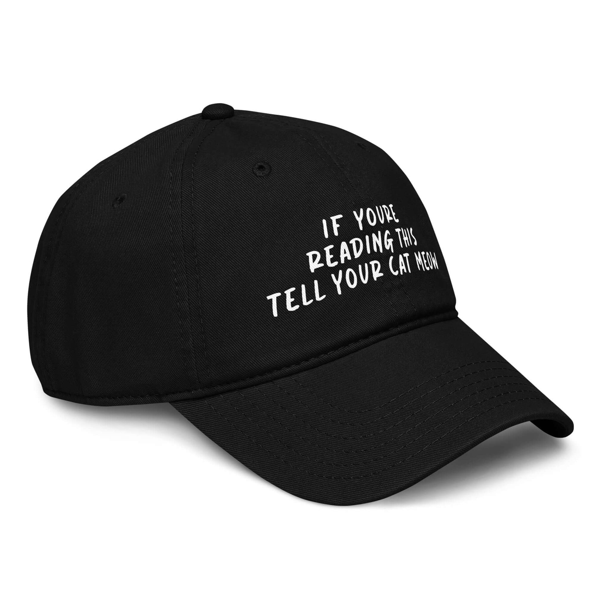 Black washed low-profile baseball cap with white embroidered text reading “if you’re reading this tell your cat meow.