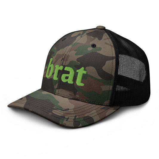 Camouflage trucker hat that says "brat" in neon green