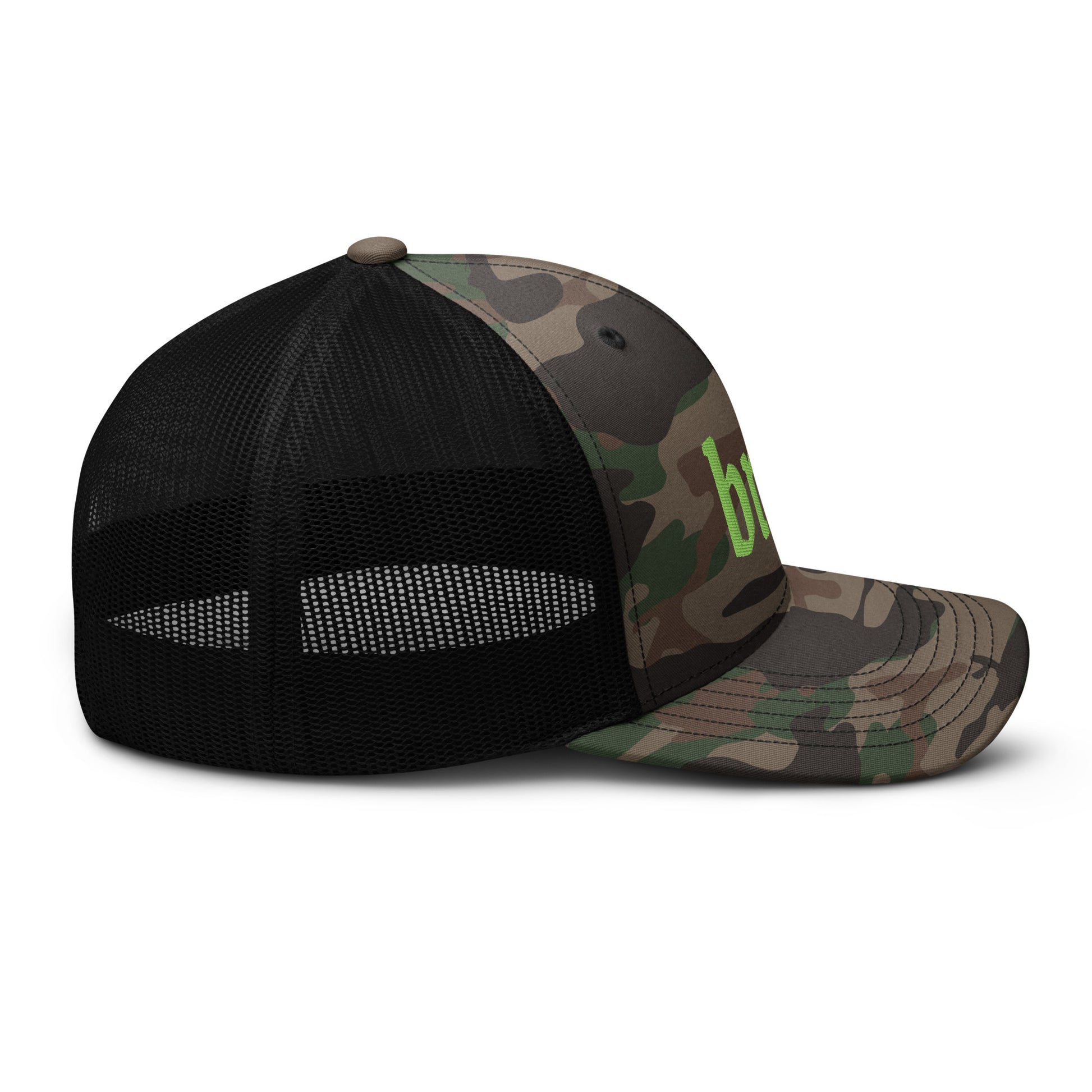 Camouflage trucker hat that says "brat" in neon green