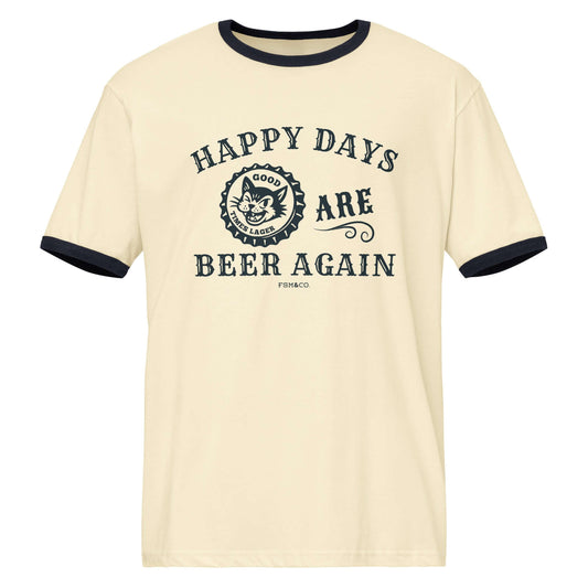 FSM “Happy Days Are Beer Again” ringer tee with cat bottle cap design