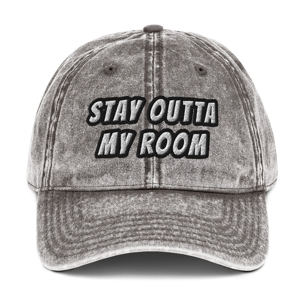 Vintage-style cotton twill cap with embroidered text reading “stay outta my room.”