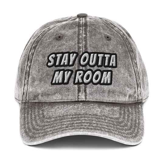 Vintage-style cotton twill cap with embroidered text reading “stay outta my room.”