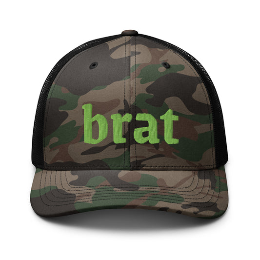 Camouflage trucker hat that says "brat" in neon green