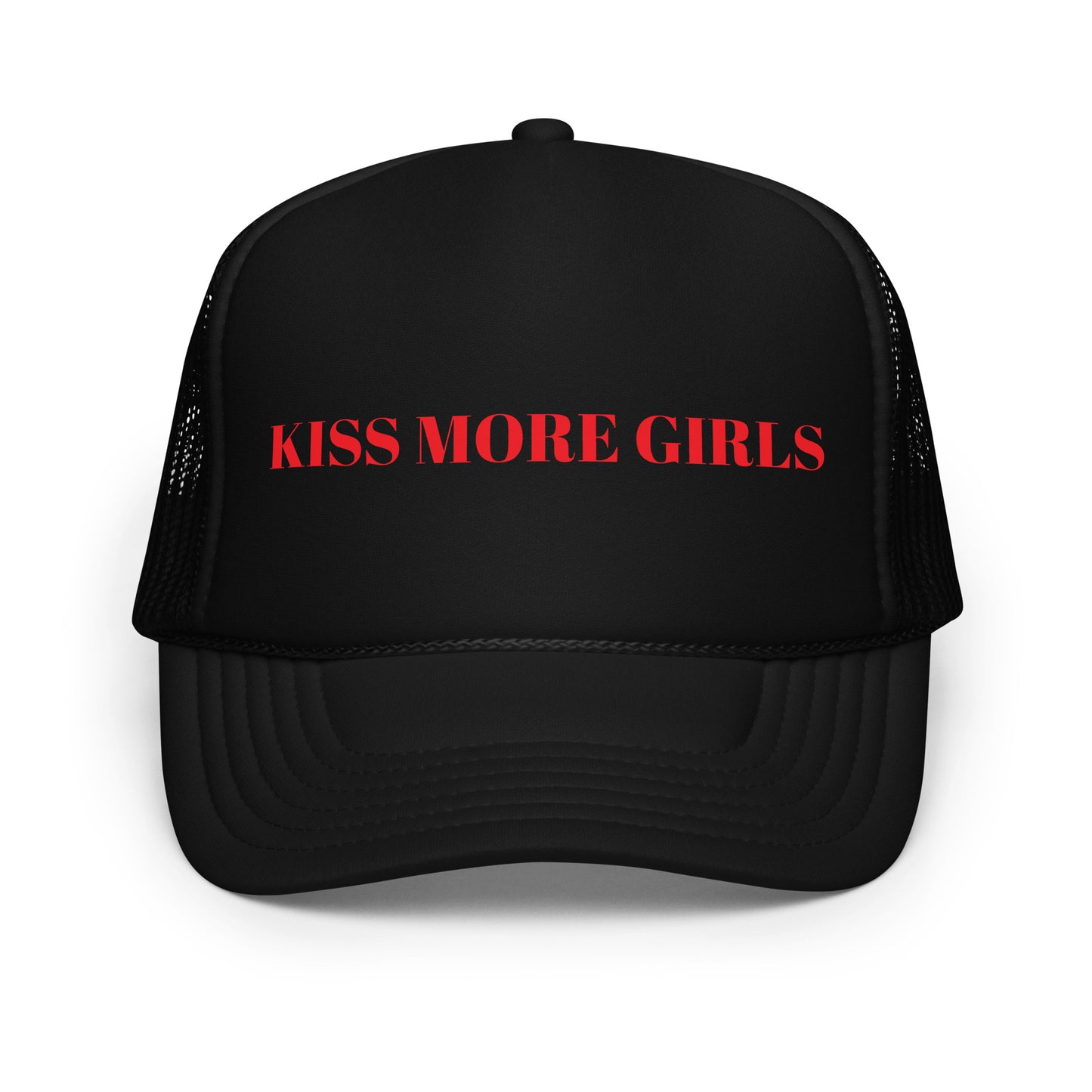 Black foam trucker hat with red text reading “kiss more girls.” From Frankie Said Meow