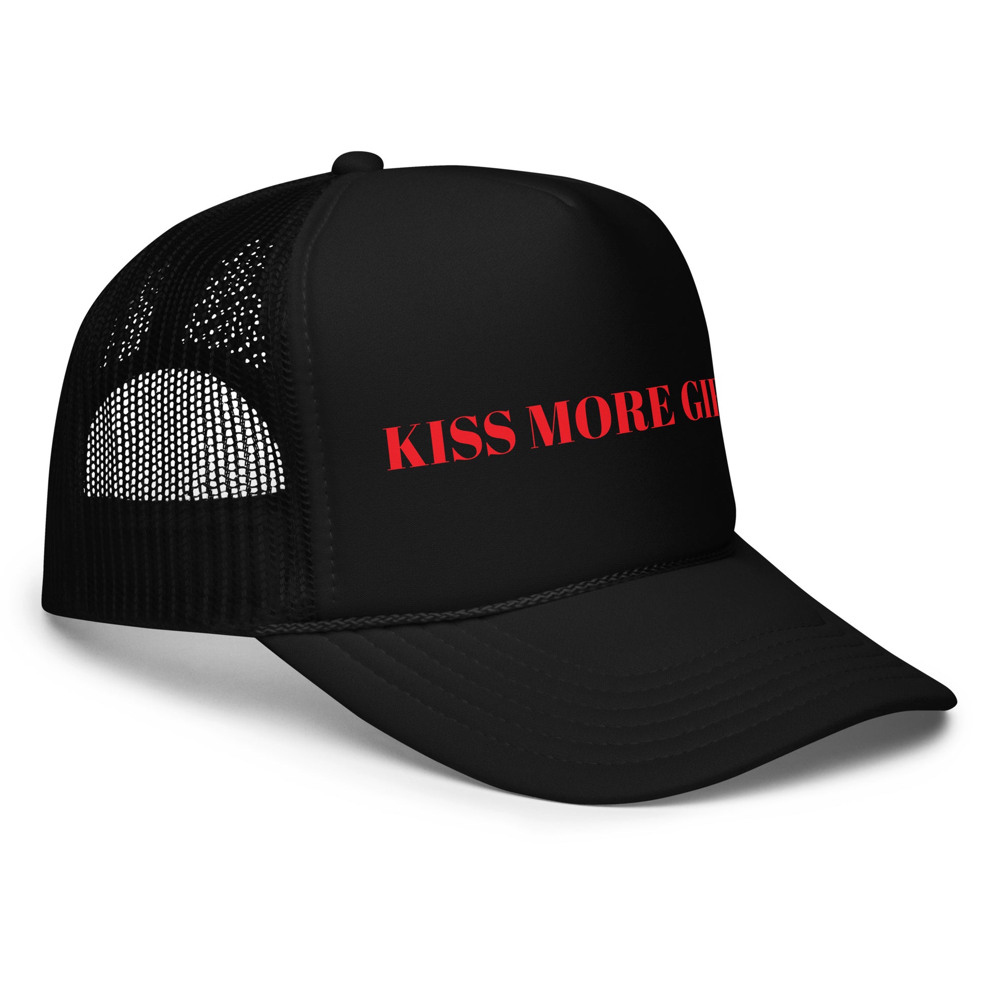 Black foam trucker hat with red text reading “kiss more girls.” From Frankie Said Meow.