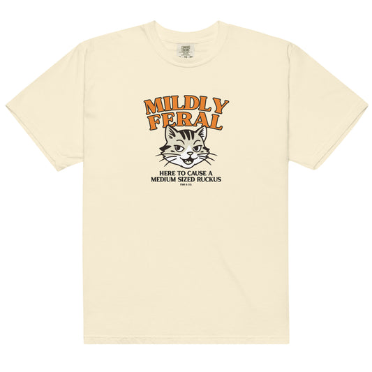 Mildy Feral “Here to Cause a Medium‑Sized Ruckus" ivory Comfort Colors tee featuring cute cat graphic